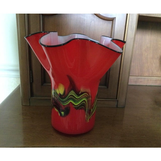 Mid Century Hand Blown Cased Fazzoletto Style Italian Art Glass Vase For Sale - Image 11 of 13