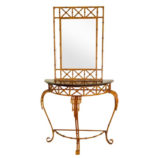 Vintage Burnt Faux Tortoise Bamboo Console Table & Mirror Set – Palm Beach Chinoiserie Style, Set of 2 Pieces For Sale - Image 11 of 12