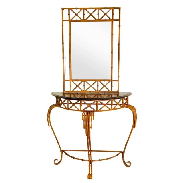 Vintage Burnt Faux Tortoise Bamboo Console Table With Wall Mirror – Palm Beach Chinoiserie Style, Set of 2 Pieces For Sale - Image 11 of 11