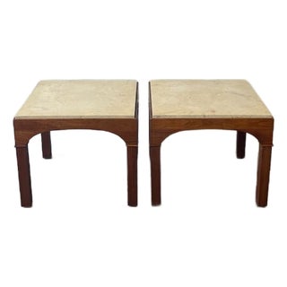 1960s Pair of Mahogany and Travertine Tables Attributed to John Keal for Brown Saltman For Sale