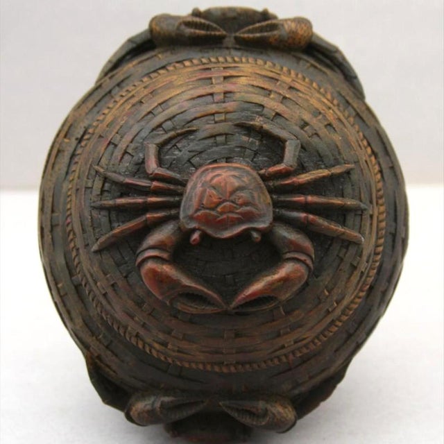 Antique Japanese Carved Wood Crab Basket Okimono, Meiji-Taishō Period For Sale - Image 13 of 13