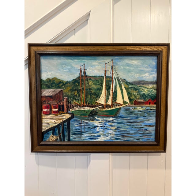 Vintage Signed Maritime Harbor Oil Painting by P. McIsaac For Sale - Image 10 of 10