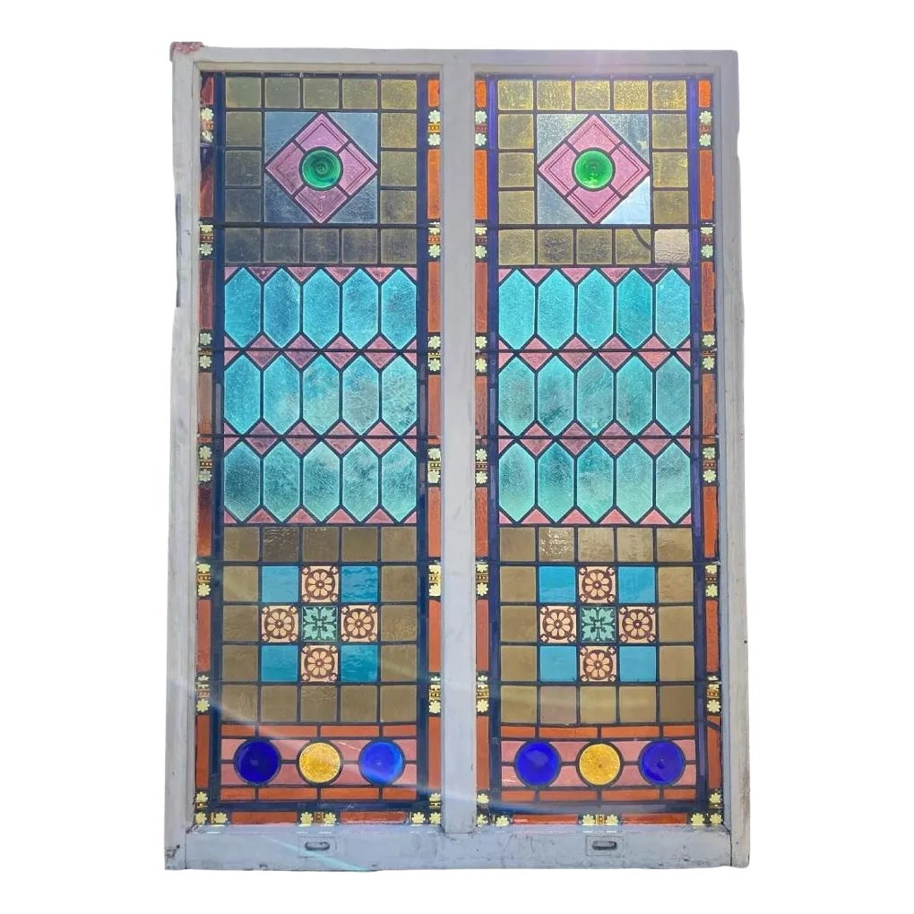 ルネッサンス期 ジョヴァンニ・ディ・ドメニコ ヴィンテージ ステンドグラス 2枚 Double stained glass window in neo-Renaissance style