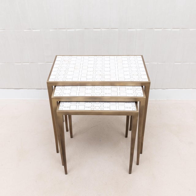 Modern Set of 3 Nesting Tables in White Shagreen and Mother of Pearl With Bronze Patina Brass by R&y Augousti For Sale - Image 3 of 11