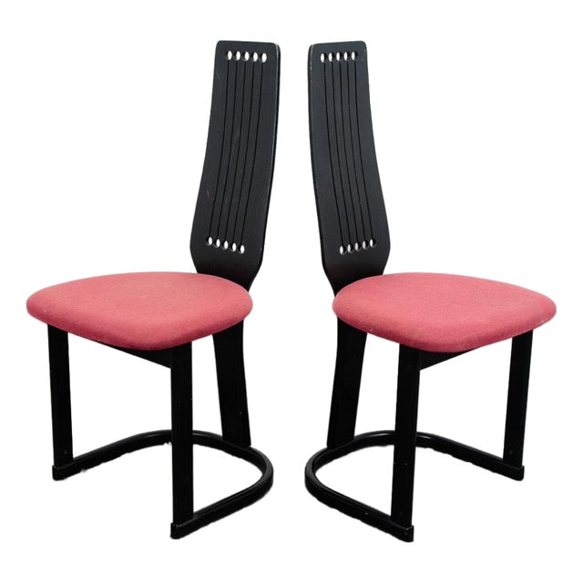 Pair of 1970s Mid Century Danish Modern Dining Chairs 2 Post Modern Black Memphis Ebonized For Sale