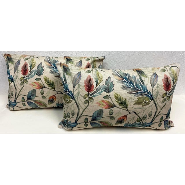 Pair of Large Bolster Pillows With a Lush Tropical Leaf & Acorn Pattern - Made in Uk For Sale - Image 12 of 12