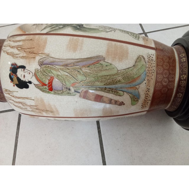 Ceramic 1930s Asian Ceramic + Wood Satsuma Crackle Glaze Hand Painted 32" Lamp For Sale - Image 7 of 15