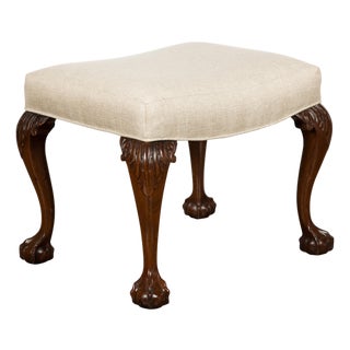 19th Century English Mahogany Upholstered Stool with Cabriole Legs For Sale