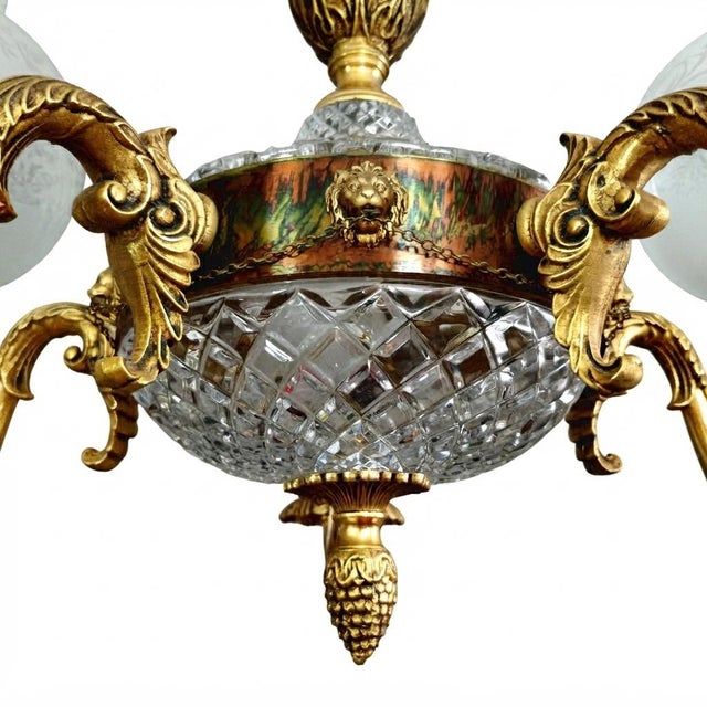 Copper Vintage Empire Victorian French 5-Arm Brass Lion Head Chandelier with Etched Globes and Crystal Glass, 1950s For Sale - Image 8 of 17