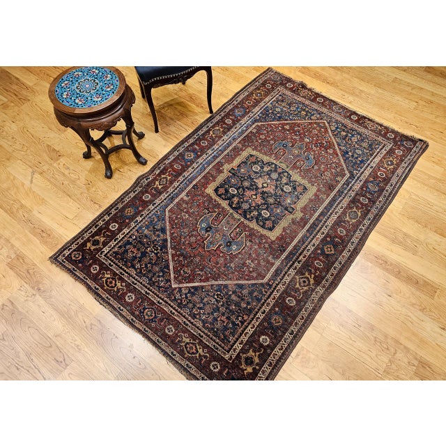 19th Century Persian Bidjar Rug, Hand-Knotted Wool, Geometric Herati Pattern, Burgundy & Blue, 5x7 For Sale - Image 9 of 18