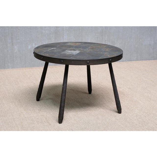 French Brutalist Round Side Table in Wrought Iron and Slate, 1970s For Sale - Image 10 of 13