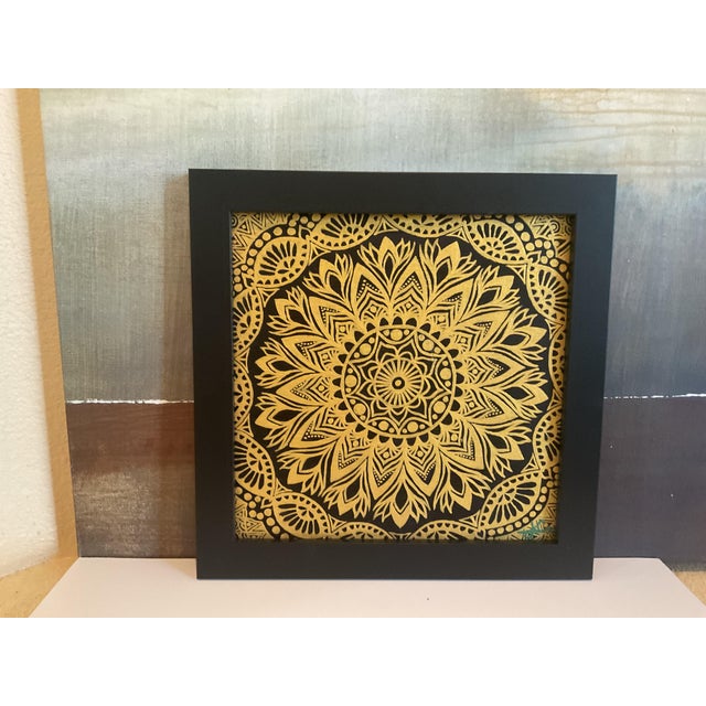 Modern Late 20th Century Golden Mandala Cutwork Art in Black Frame For Sale - Image 3 of 11