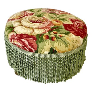 1960s Vintage English Garden Roses Linen & Sage Fringe 3-Legged Footstool, Newly Re-Upholstered For Sale