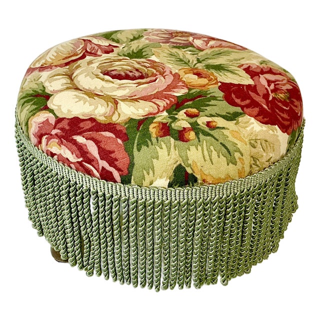 1960s Vintage English Garden Roses Linen & Sage Fringe 3-Legged Footstool, Newly Re-Upholstered For Sale