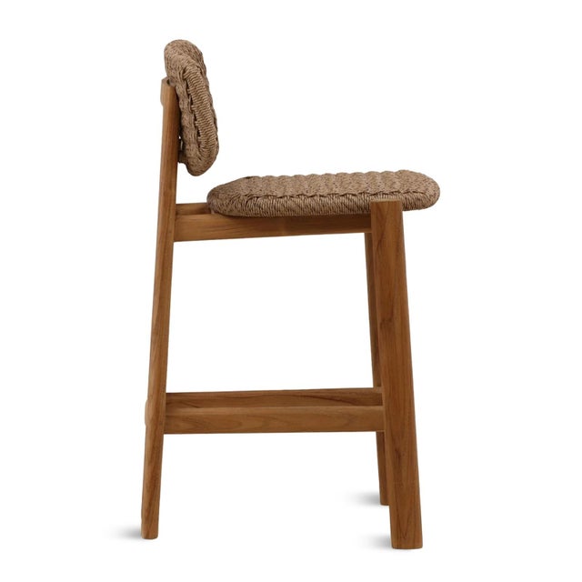 Contemporary Modern Brown Faux Wicker & Teak Outdoor Counter Stool For Sale - Image 3 of 6