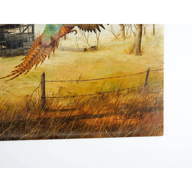 Oil on masonite of a pheasant taking off. Signed Storm lower right corner, unframed, few small scratches to surface.