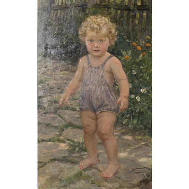 Heinrich Pforr, Summer Idyll Barefoot Child Garden Steinweg, 1946, Oil Painting on Canvas For Sale - Image 11 of 11