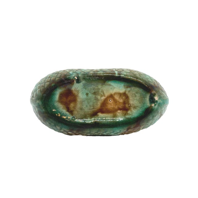 Ceramic English Majolica Basket Mottled Green Cobalt Handle Lavender Interior, Ca. 1875 For Sale - Image 7 of 8