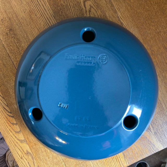 Late 20th Century Emile Henry Dark Blue Ceramic Fruit and Vegetable Storage Bowl With Cork Lid