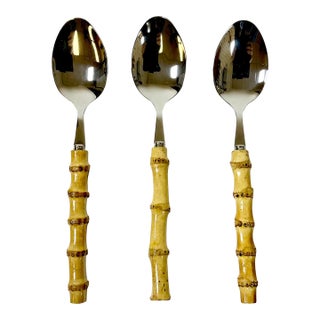 Vintage Boho Chic Coastal Bamboo & 18/8 Stainless Steel Serving Spoons - Set of 3 For Sale
