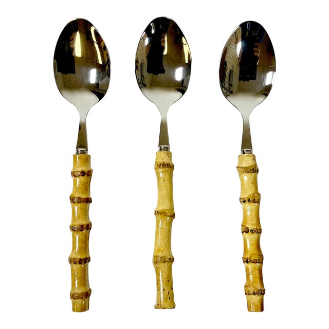 Vintage Boho Chic Coastal Bamboo & 18/8 Stainless Steel Serving Spoons - Set of 3 For Sale