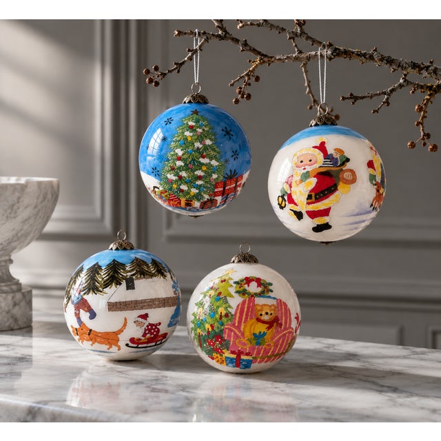 Set of Four Large Hand-Painted Glass Christmas Ornaments, Central Europe, c. 1950s Set of four large Christmas ornaments,...
