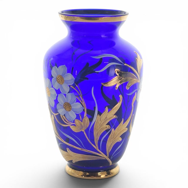 Bohemian Czech Hand-Blown Cobalt Blue Enamel & Fire-Gilt Cabinet Vase 8" For Sale - Image 16 of 17