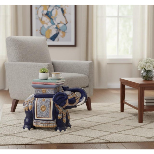 Ceramic Vintage Cobalt Blue & Gold Ceramic Elephant Garden Stool / Drinks Table For Sale - Image 7 of 8