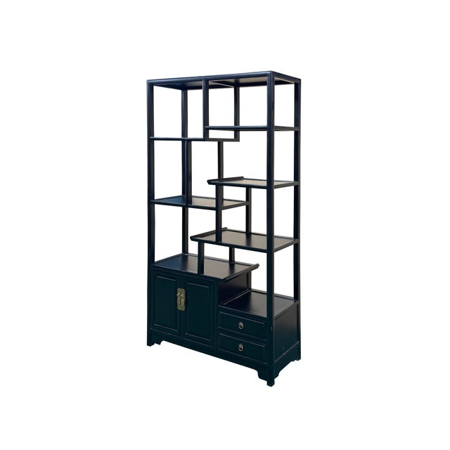 Oriental Asymmetrical Black Lacquer Shelving Display Cabinet Divider For Sale - Image 4 of 9
