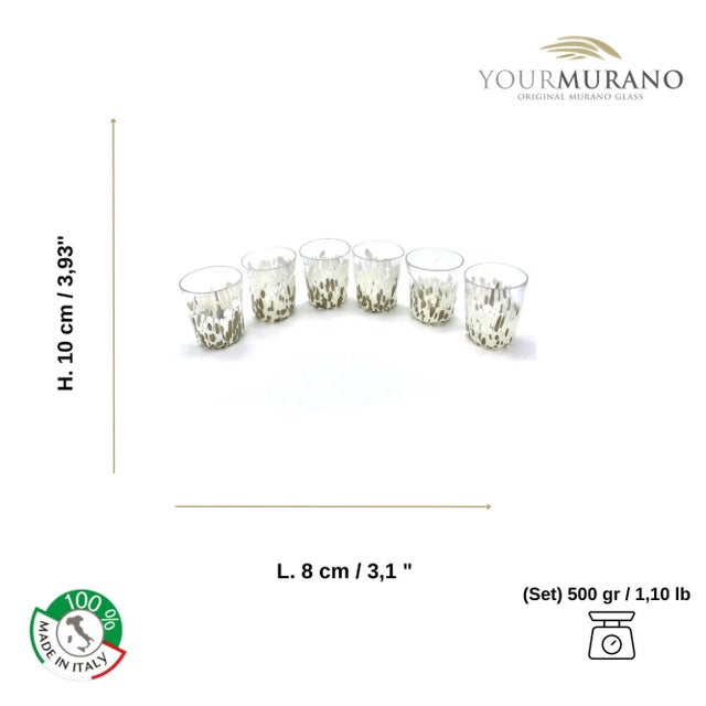 Set of six transparent Murano glass glasses with elegant white and gray details starting from the bottom. An excellent...