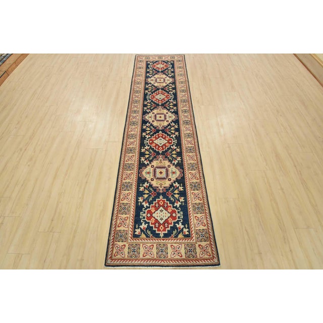 Farmhouse Kazak Runner 2’8” X 9’11” Blue Wool Traditional Hand-Knoted Oriental Rug For Sale - Image 3 of 12
