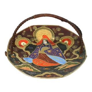 Beautiful Japanese Satsuma Handled Large Serving Plate-22k Gold Outline Design-Woven Handle For Sale