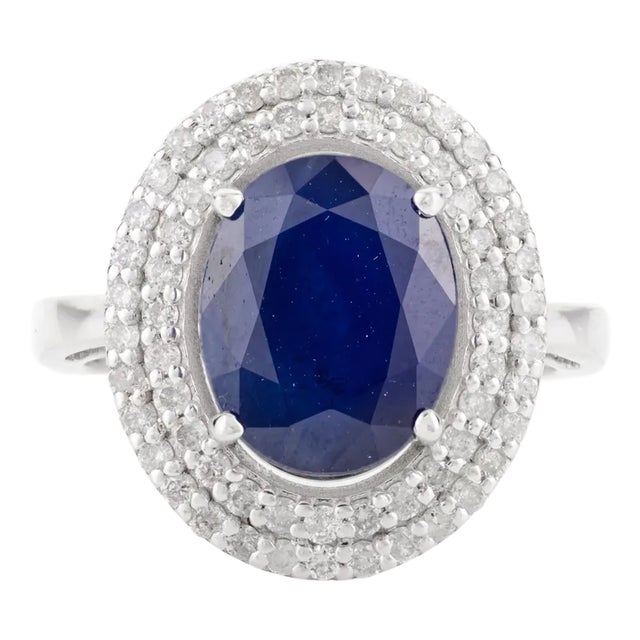 4.72 Ct Blue Sapphire Halo Diamond Art Deco Wedding Ring Size 6.5 For Sale