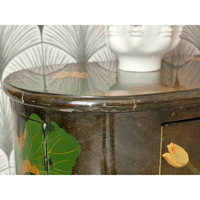 Vintage Mid-Century Modern Hand-Painted Asian Chinese Chinoiserie-Style Lacquered Oval Credenza Buffet Sideboard Cabinet For Sale - Image 9 of 18