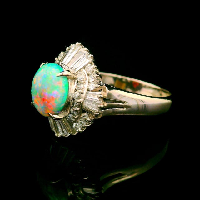 Australian Opal Diamond Platinum Burst Ring, Size 7.5 For Sale - Image 4 of 5
