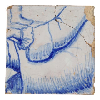18th Century Baroque Portuguese Tile With Blue & White Figural Detail of a Nobleman Reclining, Showing a Flowing Sleeve For Sale