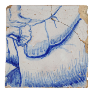 18th Century Baroque Portuguese Tile With Blue & White Figural Detail of a Nobleman Reclining, Showing a Flowing Sleeve