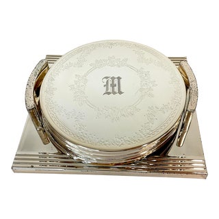 Mid-Century Hollywood Regency Silver Plate Coasters and Caddy - Set of 5, Monogrammed M. For Sale