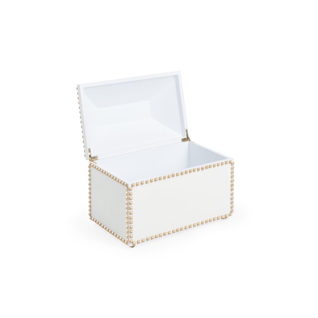 Handsome white and gold faux leather box with hand applied stud design and metal handle. Designed by Shayla Copas.