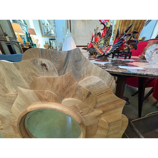 Vintage Carved Wood Lotus Blossom Beveled Mirror. Offered is a stunning Post-Modern carved wood mirror in the shape of...