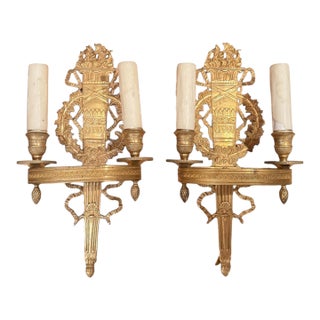 Pair of 1900s French Empire Style Gilt Bronze Two-Light Sconces For Sale
