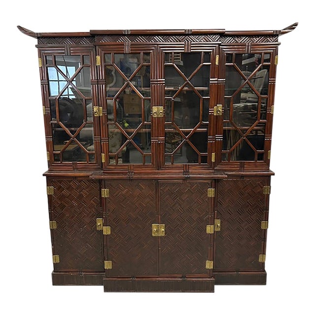 1950s Faux Bamboo Split Rattan Pagoda Cabinet For Sale