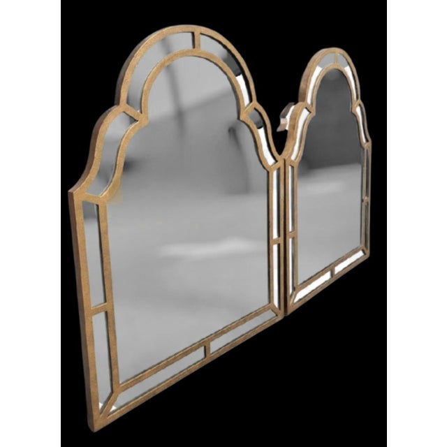 Monumental Hammered Gold Arched Moorish Pagoda Carvers Guild Style Hollywood Regency Wall Mirrors- A Pair For Sale - Image 11 of 12