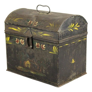 1850's Tin Toleware Chest Box W Latch, Hand Painted, Pennsylvania Folk Art For Sale
