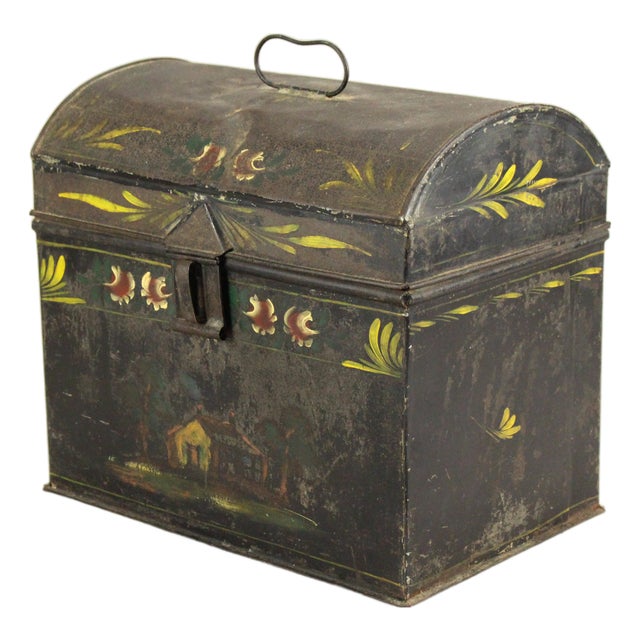 1850's Tin Toleware Chest Box W Latch, Hand Painted, Pennsylvania Folk Art For Sale