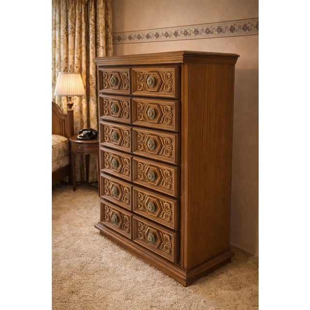 1970s Colonial Revival Full Bedroom Set With Dresser, Mirror, Tall Chest & Nightstands For Sale In Los Angeles - Image 6 of 10