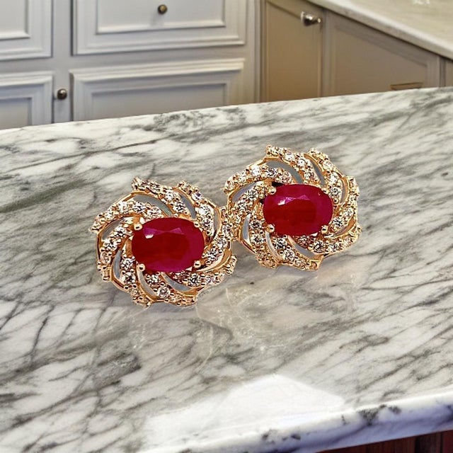 Red Diamond Ruby Earrings 14 Karat Yellow Gold 3.64 TCW Certified For Sale - Image 8 of 18