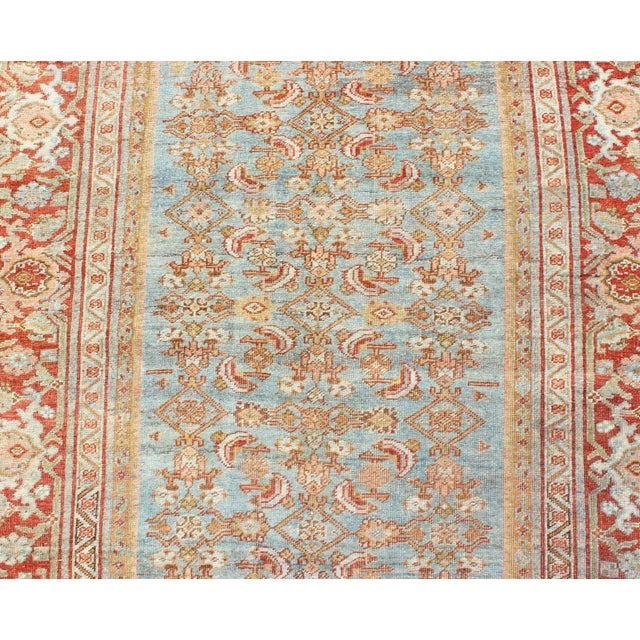 Blue Antique Persian Bidjar Rug With Blossoming Floral Design in Light Blue and Red For Sale - Image 8 of 11
