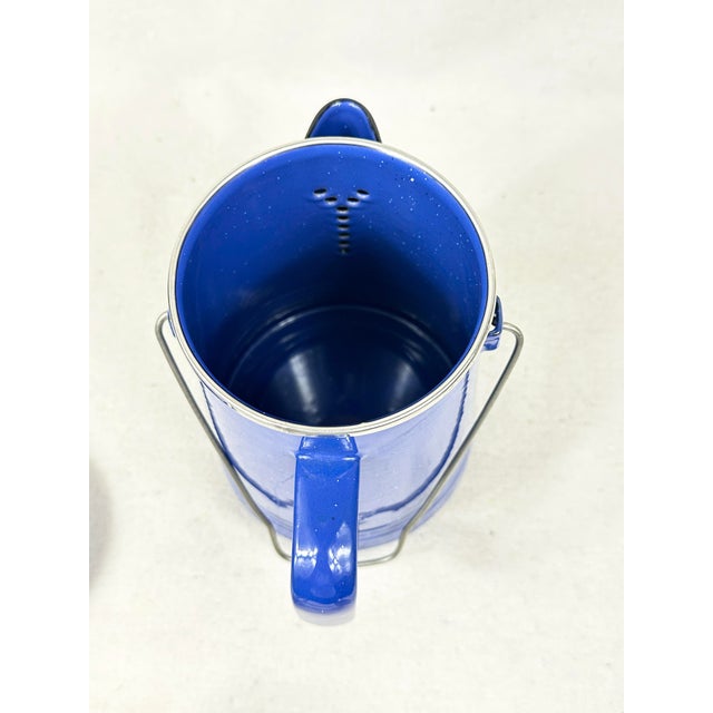 Blue Vintage Blue Speckled Enamelware Coffee Percolator Pot With Bail Handle For Sale - Image 8 of 10