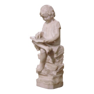 19th Century French Carved Marble Statue of Young Girl Seated and Reading For Sale